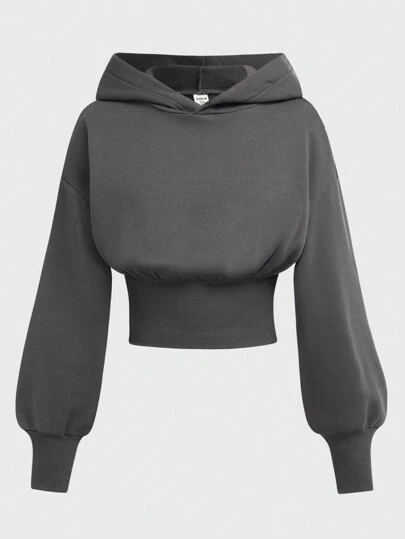 SHEIN Girlism 少女深灰色短款卫衣，高腰长袖休闲简约纯色卫衣，秋冬季