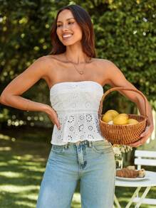 SHEIN VCAY Eyelet Embroidery Ruched Tube Top