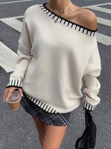 SHEIN Essnce Suéter de mujer de felpa con bordado de concha, cuello de barco, ropa de invierno, suéter de punto para damas