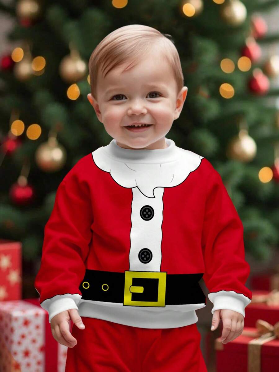 SHEIN Young Boys Casual Loose Round Neck Comfortable Knit Long Sleeve Sweatshirt, Suitable For Autumn/Winter, Featuring Santa Claus, Christmas Tree, Gift, Moose, Line Letters Print In Cute Cartoon Style