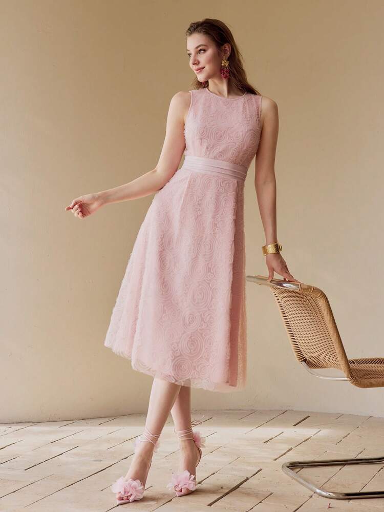 WOMEN FLORAL MESH ELEGANT MIDI DRESS