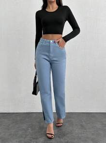 SHEIN Cottnline Women's Solid Color Split Hem Straight Leg Jeans - Baby Blue - View 5
