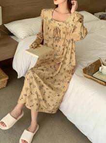 DAZY Line Drawing Floral Print Tie-Up Ruffled Lantern Sleeve Loose Nightgown Pajama - Yellow - View 7
