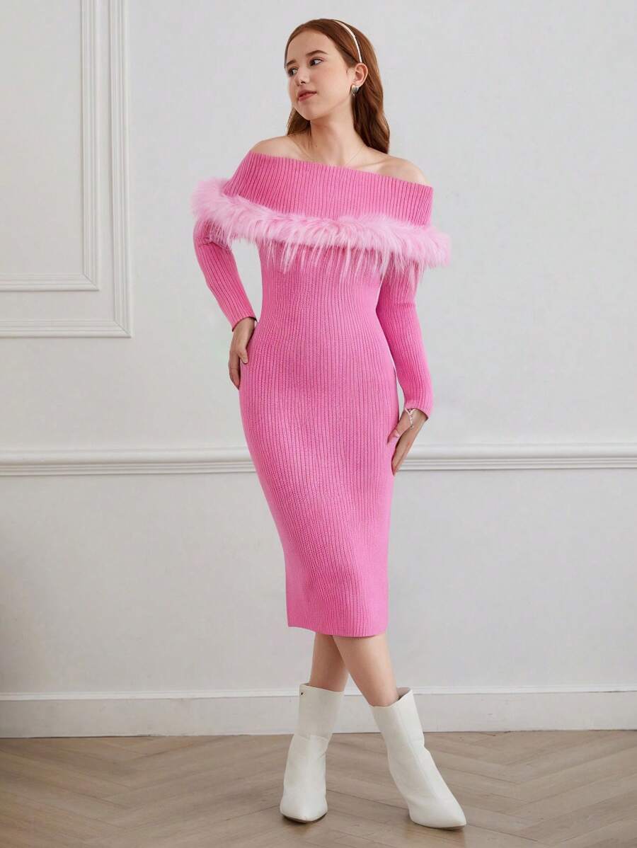 SHEIN Teen Girls Long Pink Off Shoulder Fuzzy Patchwork Sweater Dress For Teen Girls