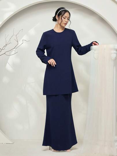 Veilorie Baju Kurung 2pcs Set: Long Sleeve Maxi Top And Fishtail Maxi Skirt Modest