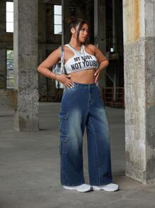 SHEIN ICON Jeans casuales de pierna ancha con múltiples bolsillos para mujeres de talla grande