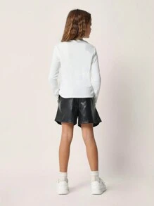 SUMWON Tween Girls Relaxed Rib Long Sleeve Crop Tee & PU Short 2 Piece Set - Black and White - View 2