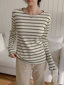 DAZY 女士圆领长袖条纹简约上衣，休闲日常装，秋装 - 彩色 - 查看 4
