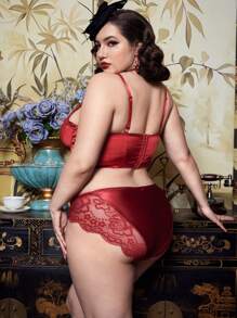 Plus Size Vintage French Lace Patchwork Bra, High Coverage Comfortable For Everyday Wear - Burgundy - View 4