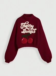 ROMWE Fairycore New Year & Christmas Cute Innocent College Style Casual Cherry Embroidery Turtleneck Lantern Sleeve Sweater For Women