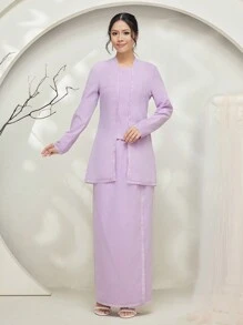 Veilorie Baju Kebaya 2pcs Lace Patchwork Long Sleeve Extra Long Blouse And Maxi Skirt Set Modest