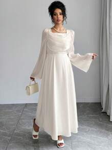 Elenzga Women's Solid Color Scoop Neck Flutter Sleeve Jacquard Woven Dress Maxi Women Outfit