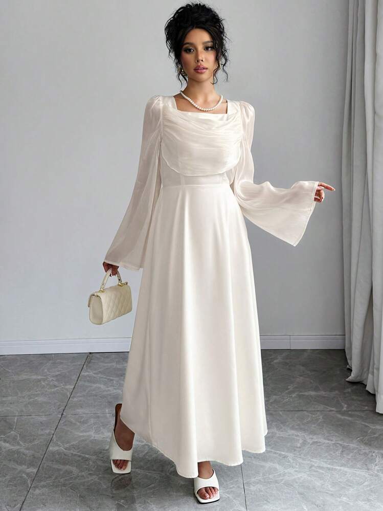 Elenzga Đầm Maxi Dệt Jacquard Cổ Tròn Tay Phồng Màu Trơn Cho Nữ Trang Phục Nữ - Màu be - Xem 5