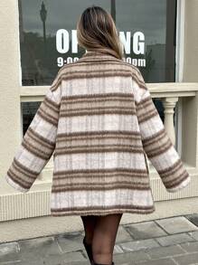 SHEIN Essnce 女士休闲时尚条纹拼色翻领落肩宽松双排扣中长款大衣，秋冬 - 彩色 - 查看 6