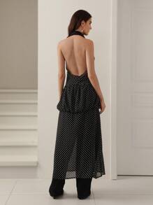 GENKIRA Women's Polka Dot Chiffon Halter Long Shirt  - Black - View 2