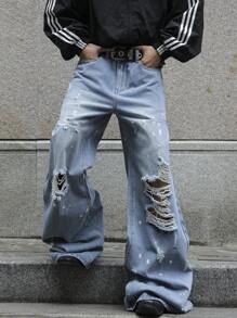 Manfinity EMRG Men's Casual Pocket Ripped Simple Denim Jeans, For Daily Wear - Light Wash - View 1