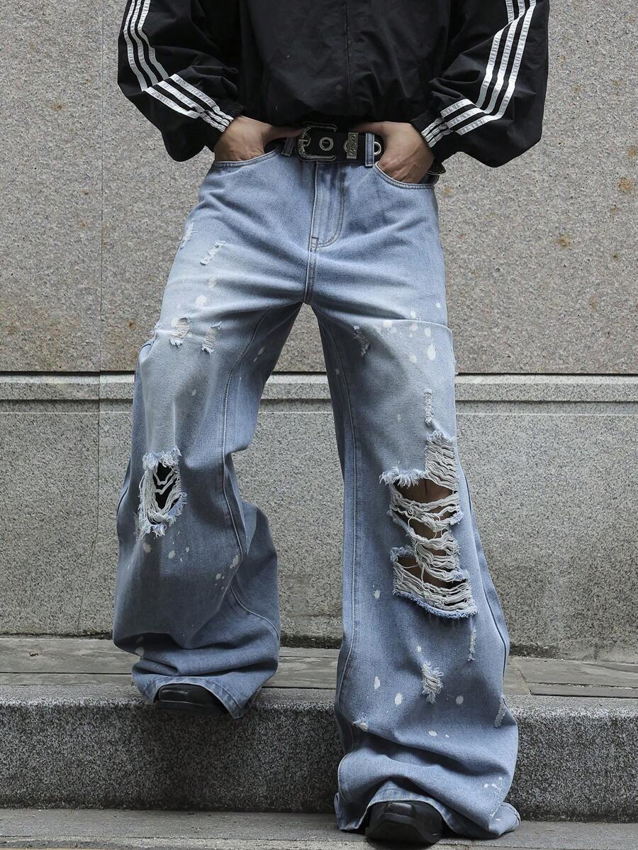 Manfinity EMRG Men's Casual Pocket Ripped Simple Denim Jeans, For Daily Wear - Light Wash - View 1