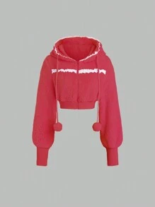 EgrlEra 休闲连帽蕾丝边卫衣，冬季Y2K圣诞节假日派对新年套头衫 - 紅色 - 查看 1