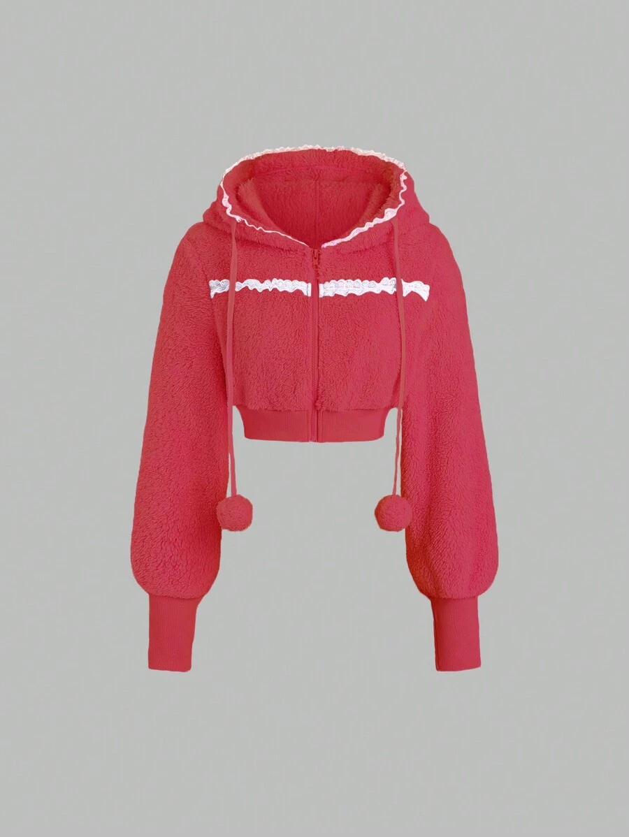 EgrlEra 休闲连帽蕾丝边卫衣，冬季Y2K圣诞节假日派对新年套头衫 - 紅色 - 查看 1