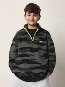 SUMWON Fluffy Sherpa Half Zip Pullover Youth Sweatshirt Casual Winter Autumn Outdoor Leisure Camo Pattern Cozy Warm Soft Boys - Army Green - View 2