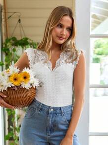 SHEIN VCAY Women Vacation Paneled Lace Butterfly-Sleeve Scalloped One Piece Summer Beach T-Shirt,For Summer Vacation,Women Summer Clothing - White - View 5