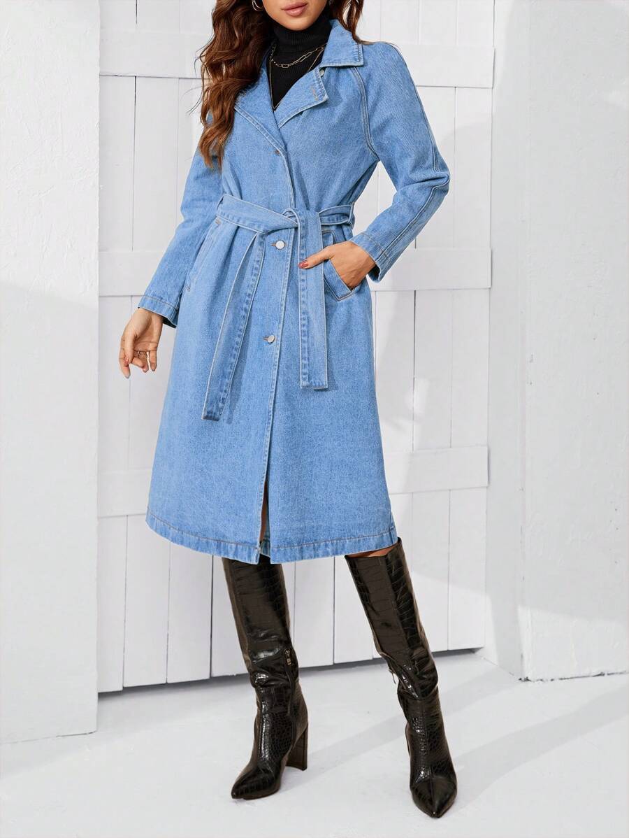 SHEIN LUNE 女式前扣长袖口袋休闲牛仔夹克 - 淺色水洗藍 - 查看 1