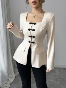 Selianne 女士优雅休闲/办公装方领收腰 A 字形装饰口袋前开撞色纽扣长袖衬衫，春/秋 - 杏色 - 查看 7