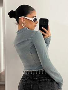 SHEIN ICON 女式休闲牛仔夹克，前拉链、磨边、长袖 - 淺色水洗藍 - 查看 2