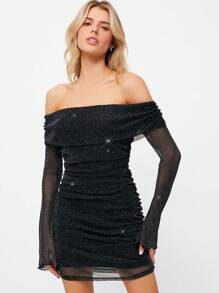 SHEIN EZwear Damska plisowana sukienka mini z siateczki z odkrytymi ramionami i brokatem, z długim rękawem