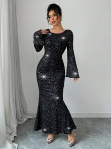 SHEIN Unity Women Glitter Fabric Tied Back Flared Sleeve Fishtail Waist Elegant Maxi Dress Outfit, For New Year - Black - View 7