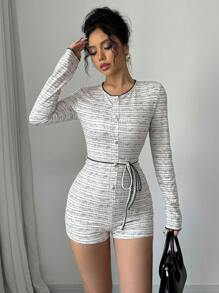 Elenzga New French Style Floral Print Long Sleeve Jumpsuit With Ropes And Waist Belt, Round Neck, Zipper Front, Tight Fitted Short Jumpsuit, For Autumn - Multicolor - View 8