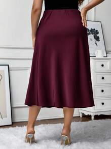 SHEIN LUNE Plus Size Women Solid Color Zipper Fastening Elegant Skirt Party Skirts New Years - Burgundy - View 2