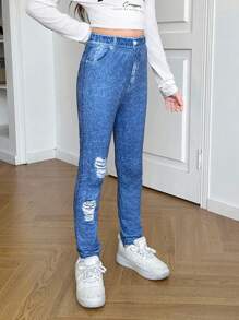 SHEIN Tween Girls Slim Fit Casual Jegging Pants - Blue - View 4