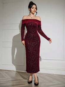 Modelyn 勃艮第红色 1 件优雅天鹅绒花卉印花长袖紧身连衣裙长款女士装长款晚礼服