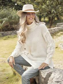 LanaWest 女士休闲纯色高领开衩下摆毛衣连衣裙 - 白色 - 查看 5