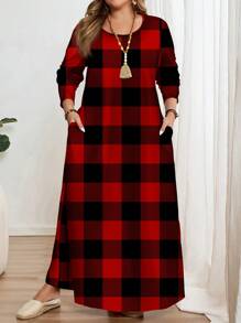 Mellowie 大码女式简约全印花长袖圆领休闲连衣裙，适合秋冬季 - 彩色 - 查看 1