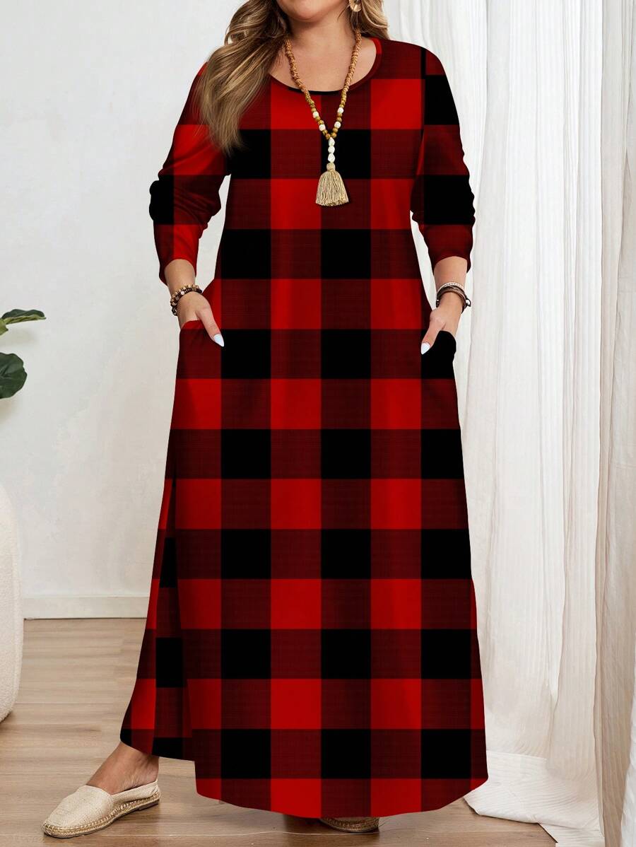 Mellowie 大码女式简约全印花长袖圆领休闲连衣裙，适合秋冬季 - 彩色 - 查看 1