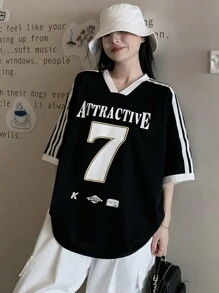 DAZY 女士休闲撞色条纹字母数字印花 V 领短袖 T 恤超大 T 恤