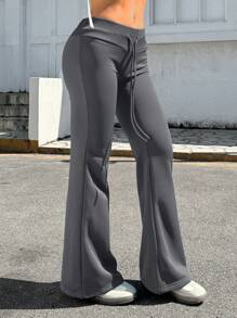 SHEIN EZwear Quần âu đơn sắc buộc dây phía trước dành cho nữ, phong cách tối giản, mặc hàng ngày - Màu xám đen - Xem 3