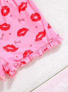 SHEIN Leap Crew 2 件 Tween 女童休闲卡通图案 Polo 领短袖纽扣衬衫搭配褶边短裤，宽松舒适睡衣套装 - 粉色 - 查看 3