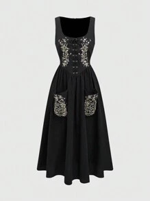 ROMWE Renaissance Gothic Dark Style Snake Skin Embroidery Medieval Vintage Midi Dress For Women - Black - View 4