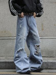 Manfinity EMRG Men's Casual Pocket Ripped Simple Denim Jeans, For Daily Wear - Light Wash - View 5