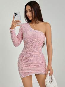 SHEIN PETITE One Shoulder Sequin Bodycon Party Women Dress