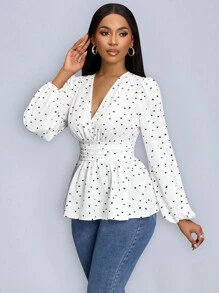 SOLERSUN Heart Print Wrap Neckline Lantern Sleeve Blouse With Ruffle Hem (Assorted Floral) Peplum Top