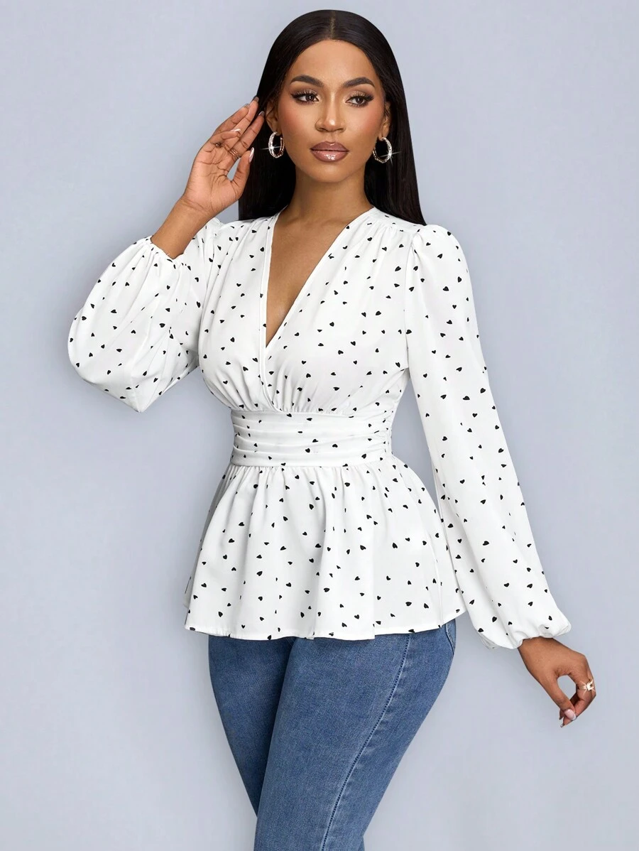 SOLERSUN Heart Print Wrap Neckline Lantern Sleeve Blouse With Ruffle Hem (Assorted Floral) Peplum Top