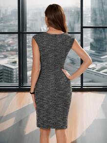 SHEIN Clasi 女士缺口领褶皱紧身连衣裙，适合工作 - 灰色 - 查看 3