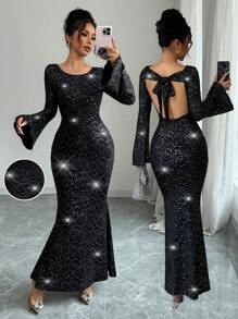 SHEIN Unity Women Glitter Fabric Tied Back Flared Sleeve Fishtail Waist Elegant Maxi Dress Outfit, For New Year - Black - View 11