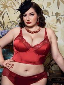 Plus Size Vintage French Lace Patchwork Bra, High Coverage Comfortable For Everyday Wear - Burgundy - View 6