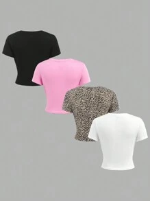 4pcs/Set Tween Girl Casual Round Neck Raglan Sleeve Leopard Print Fitted T-Shirt & Solid Color Knitted T-Shirt, Suitable For Spring & Summer, School, Campus, College - Multicolor - View 2