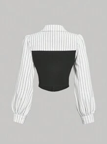 SHEIN MOD 女式二合一黑白紧身胸衣上衣，简约时尚，休闲日常穿着，新年，街头服饰，办公室衬衫，长袖衬衫，新年女装，优雅上衣，哥特风，女式外出上衣，派对上衣 - 黑色 - 查看 2